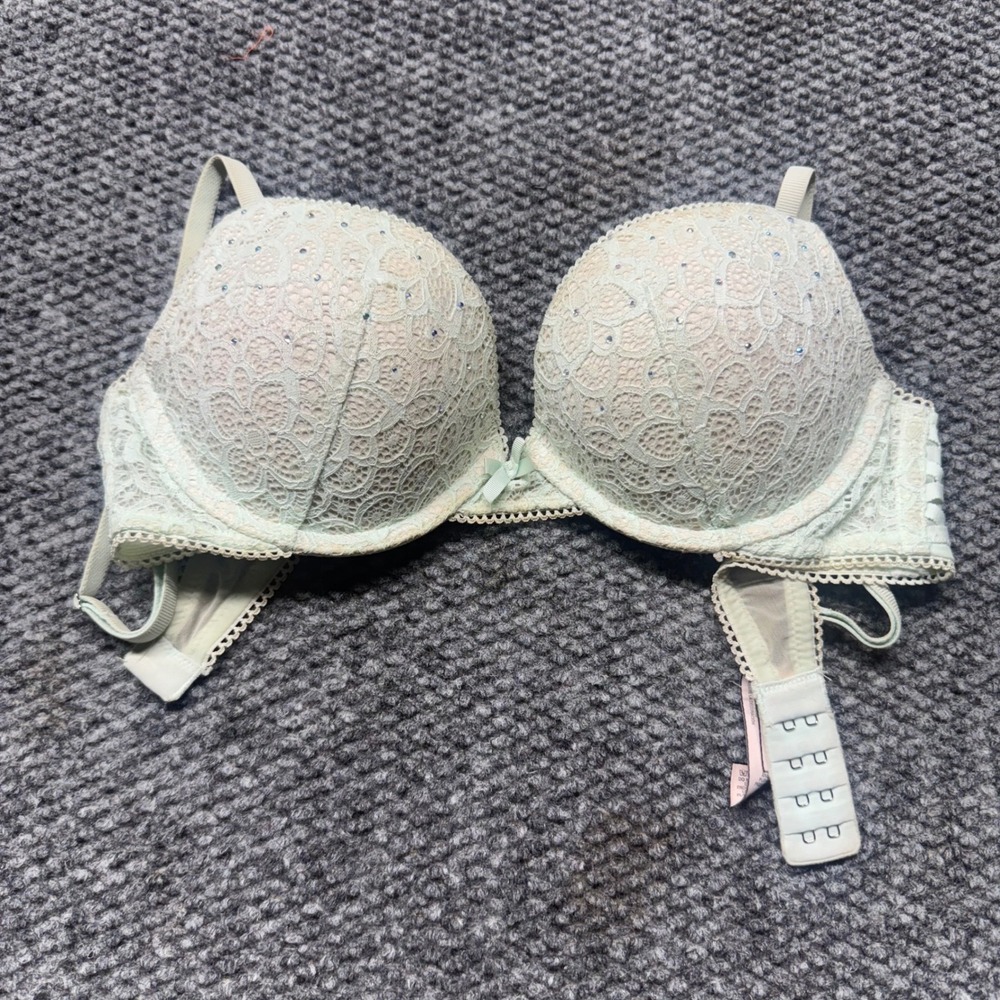 Victorias Secret Dream Angels Push-Up Bra Mint Green Lace Rhinestone 34B